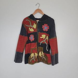 Patchwork Boho Hippie Embroidered Colorful Zip Up Hoodie Sz. XL
